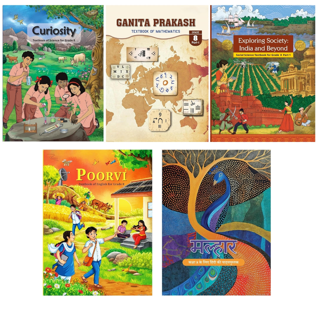 NCERT Ganita Prakash (Mathematics), Curiosity (Science), Exploring Society (Social), Malhar (Hindi) & Poorvi (English) Textbook for Class 8 - Set of 5 Books - Latest Edition