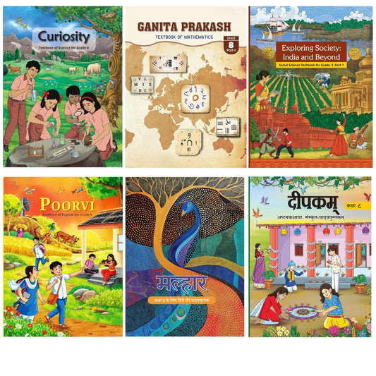 NCERT Ganita Prakash (Mathematics), Curiosity (Science), Exploring Society (Social), Malhar (Hindi), Deepakam (Sanskrit) & Poorvi (English) Textbook for Class 8 - Set of 6 Books - Latest Edition