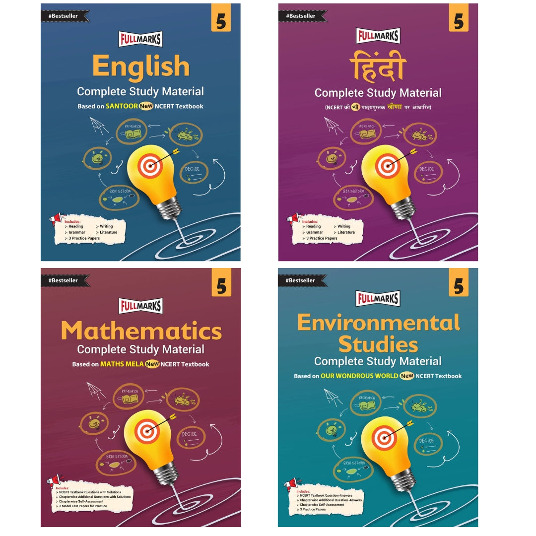 Full Marks CBSE Mathematics, English, Environmental Studies and Hindi (Complete Study Material) For Class 5 - Based on New NCERT Textbook Maths Mela, Santoor, Veena and Our Wondrous World - Latest for 2025-26 Session