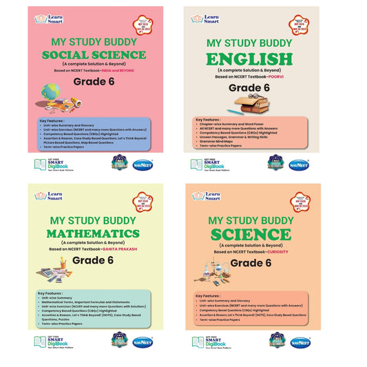 Navneet Learn Smart - My Study Buddy - English, Mathematics, Science and Social Science for Class 6 (A complete Solution & Beyond) Based on NCERT Textbook _ Poorvi, Ganita Prakash, Curiosity and India and Beyond - Set of 4 Books. Paperback