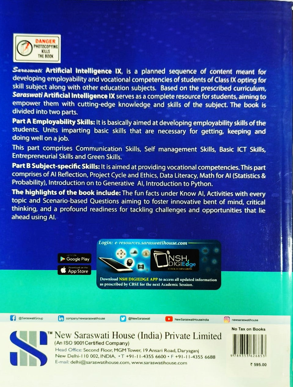 Saraswati Artificial Intelligence for Class 9 (Skill Education - Code 417) - Latest for 2025-26 Examination. Paperback